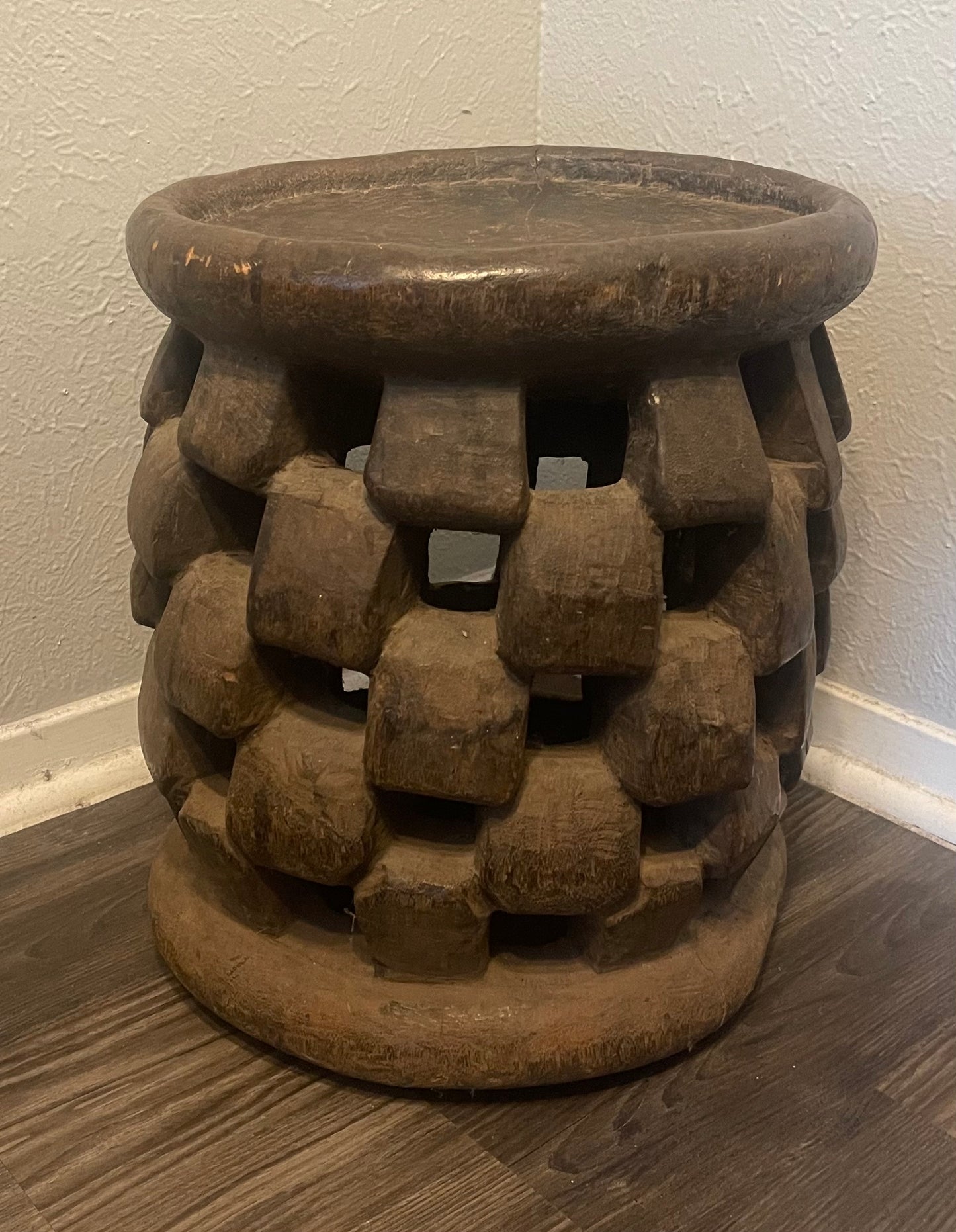 Old Bamileke Wooden Stool, Cameroon, W. Africa with a unique carved Abstract Design