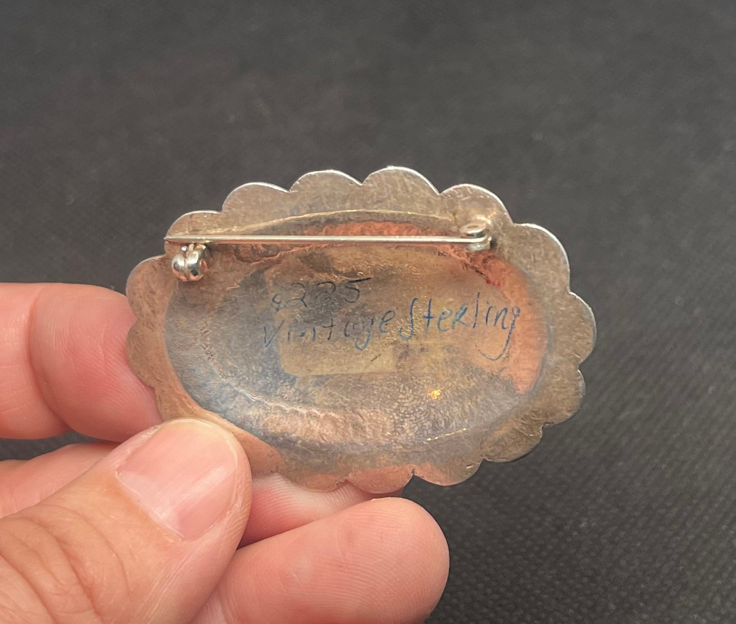 Vintage Sterling Silver Native American Pin with original hand embossed design Ex Private Collection