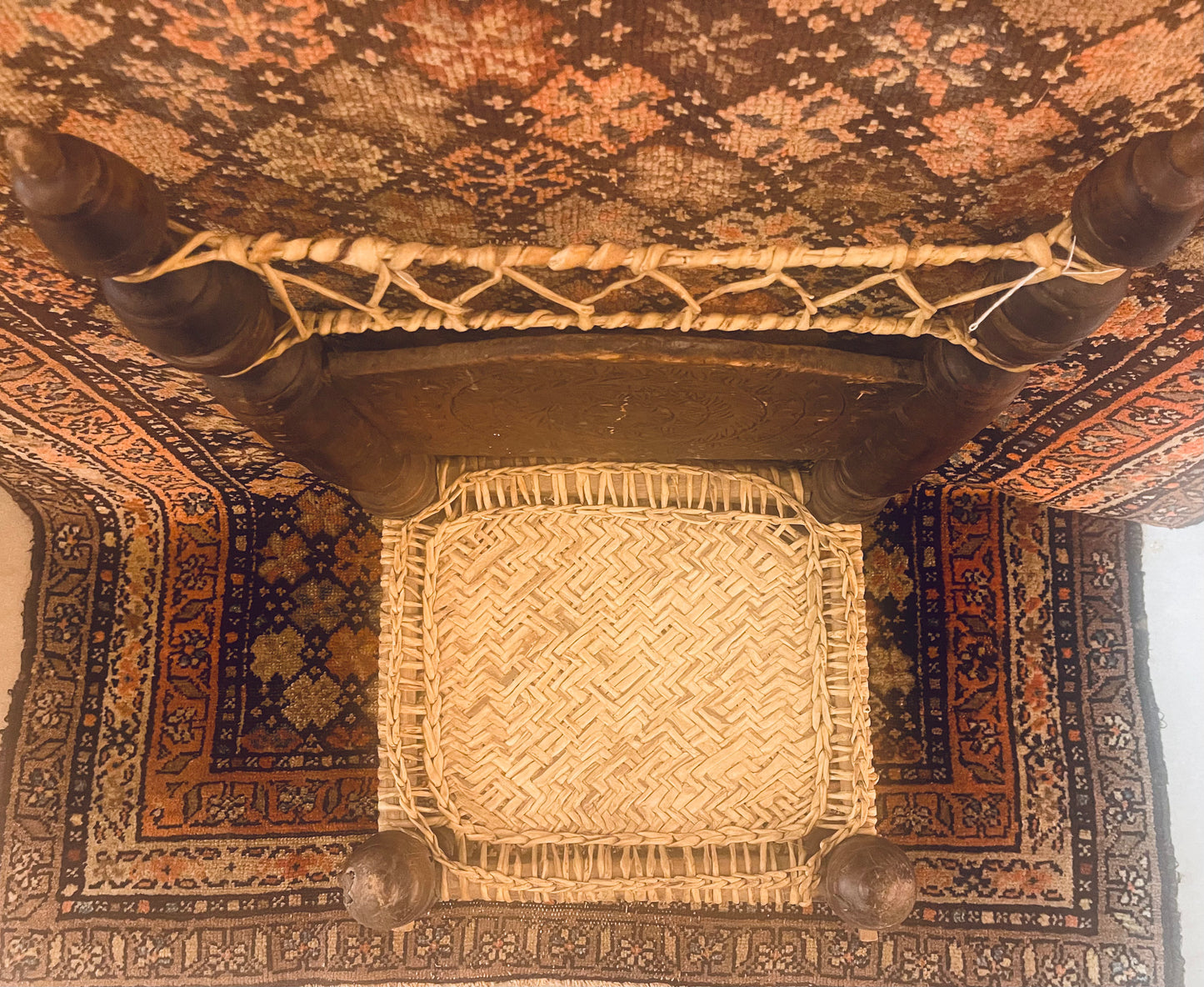 Antique Swat Valley Carved Low-Chair & Woven Leather Seat