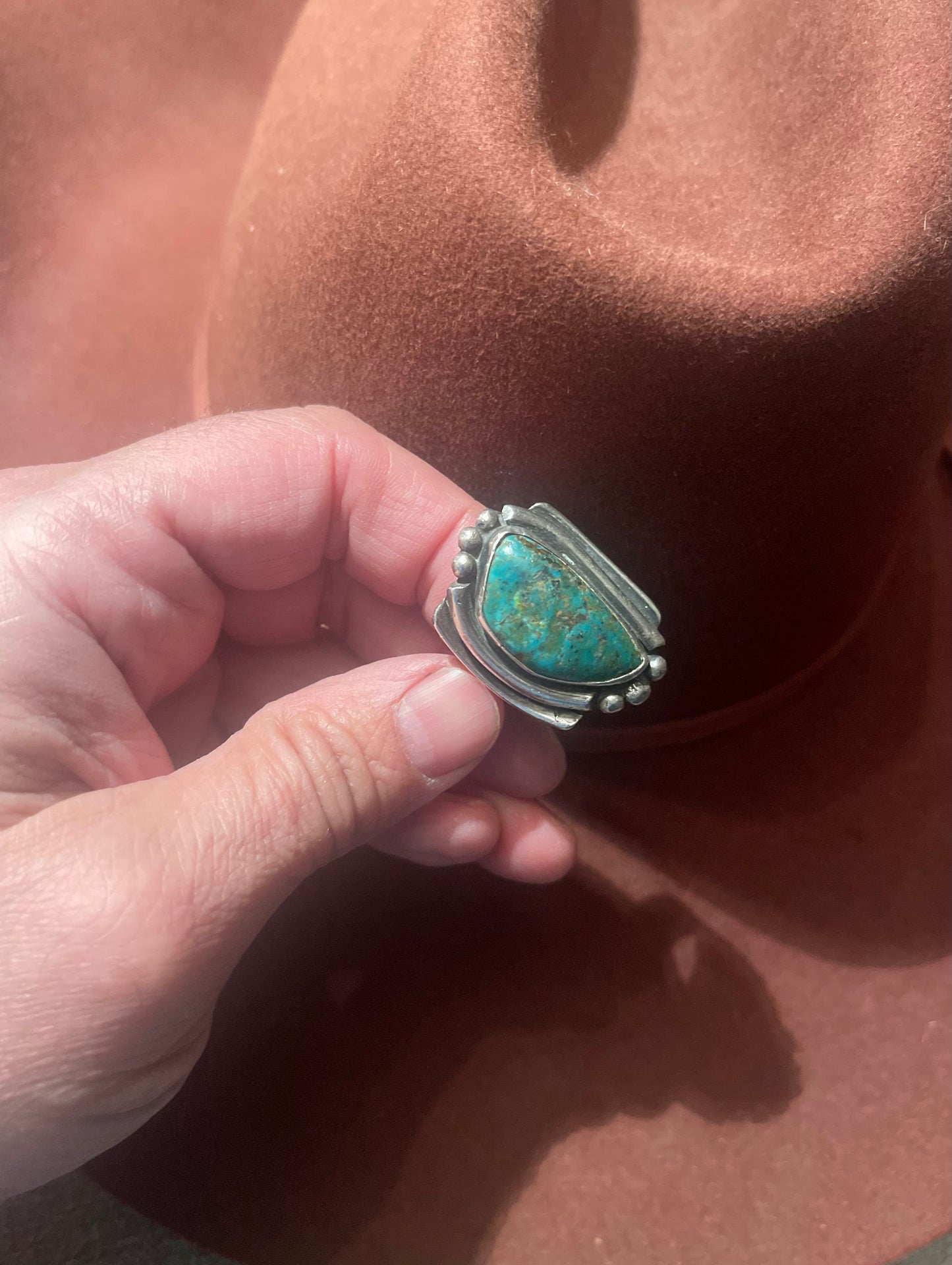 Vintage Native American Sterling Silver and Turquoise Ring with an interesting design & stone