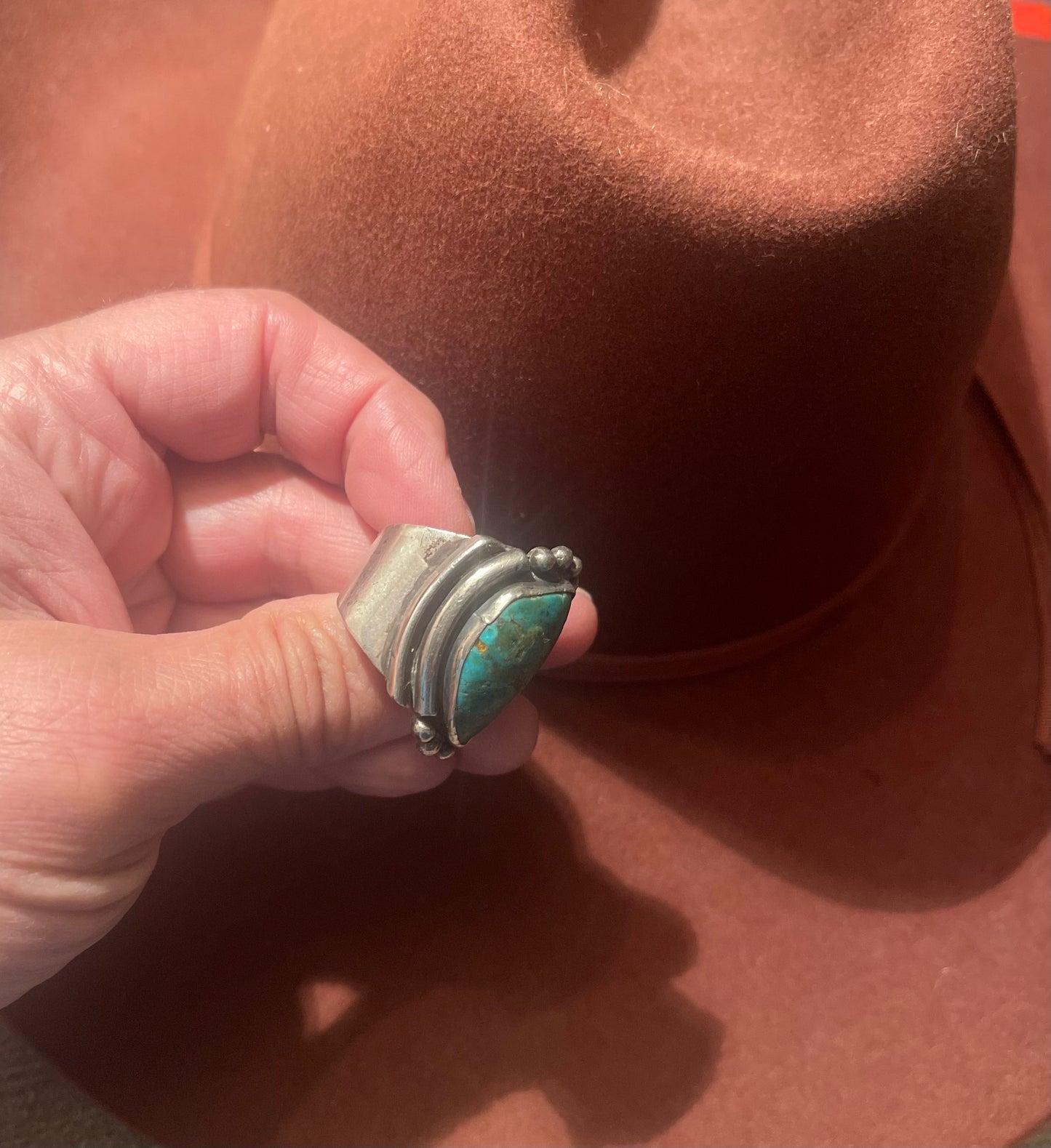 Vintage Native American Sterling Silver and Turquoise Ring with an interesting design & stone