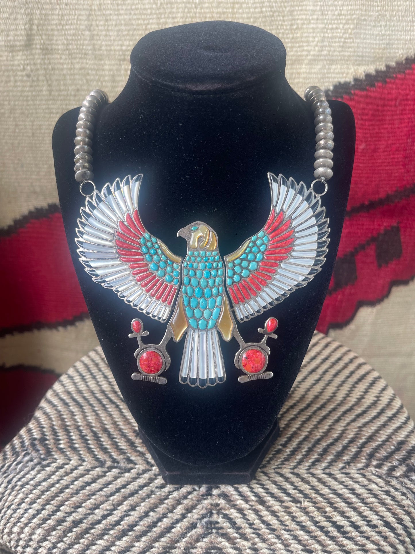 Vintage Sterling silver and inlaid stones in the form of a falcon with hinged and moveable wings