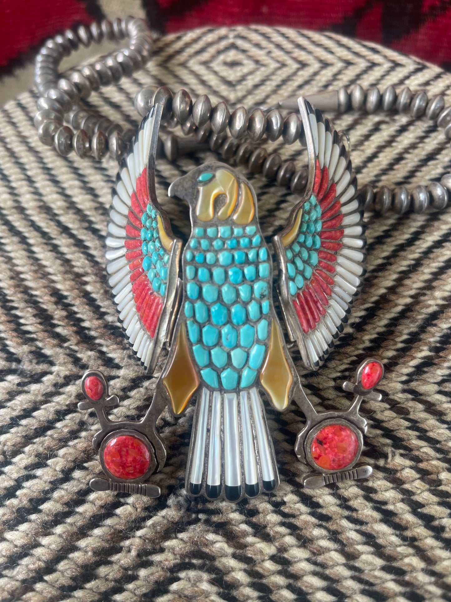Vintage Sterling silver and inlaid stones in the form of a falcon with hinged and moveable wings