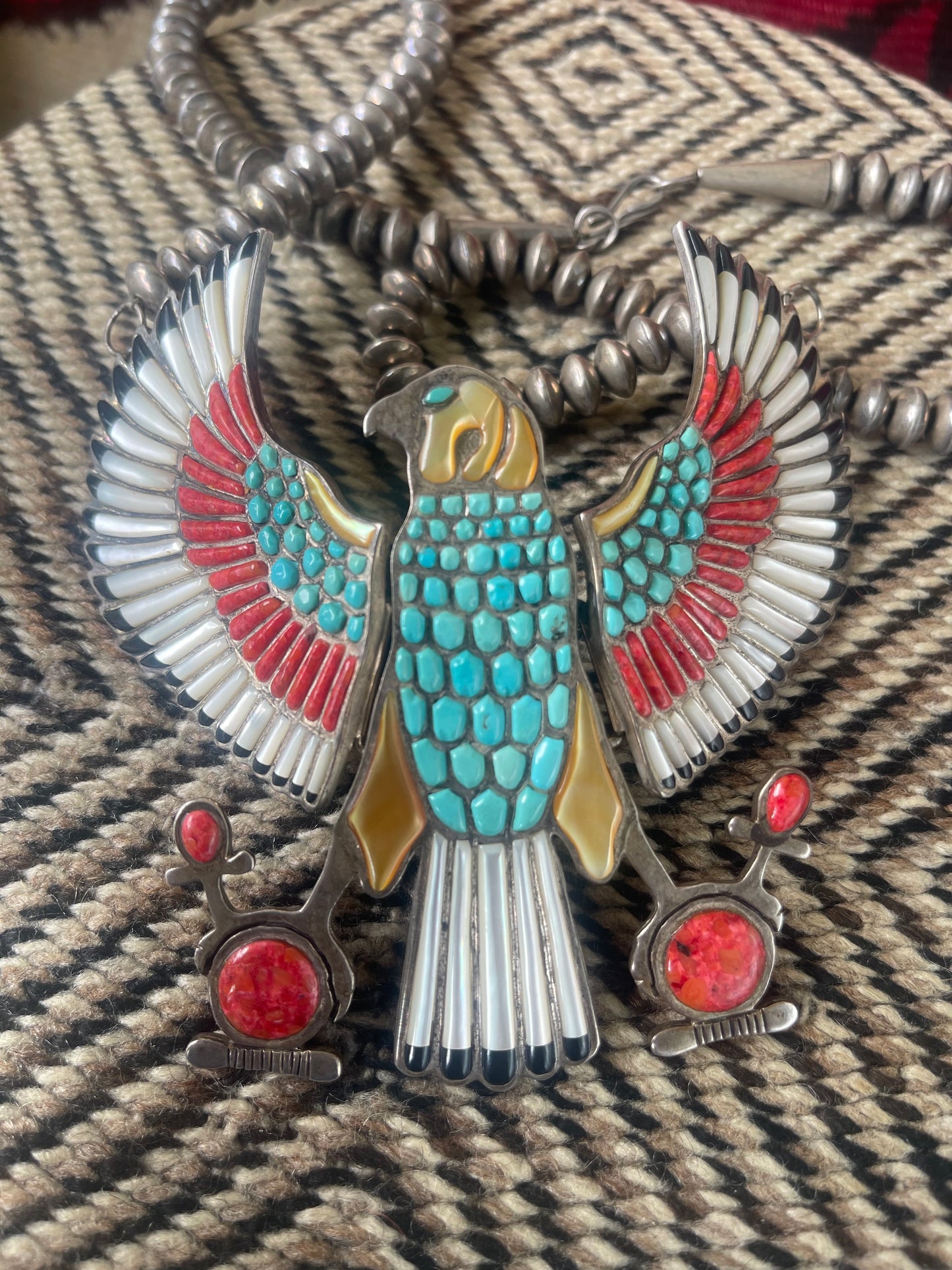 Vintage Sterling silver and inlaid stones in the form of a falcon with hinged and moveable wings