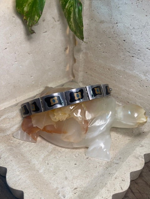 Vintage Mexican Modernist Bracelet (signed), Sterling Silver with brass and baked Enamel Inlay