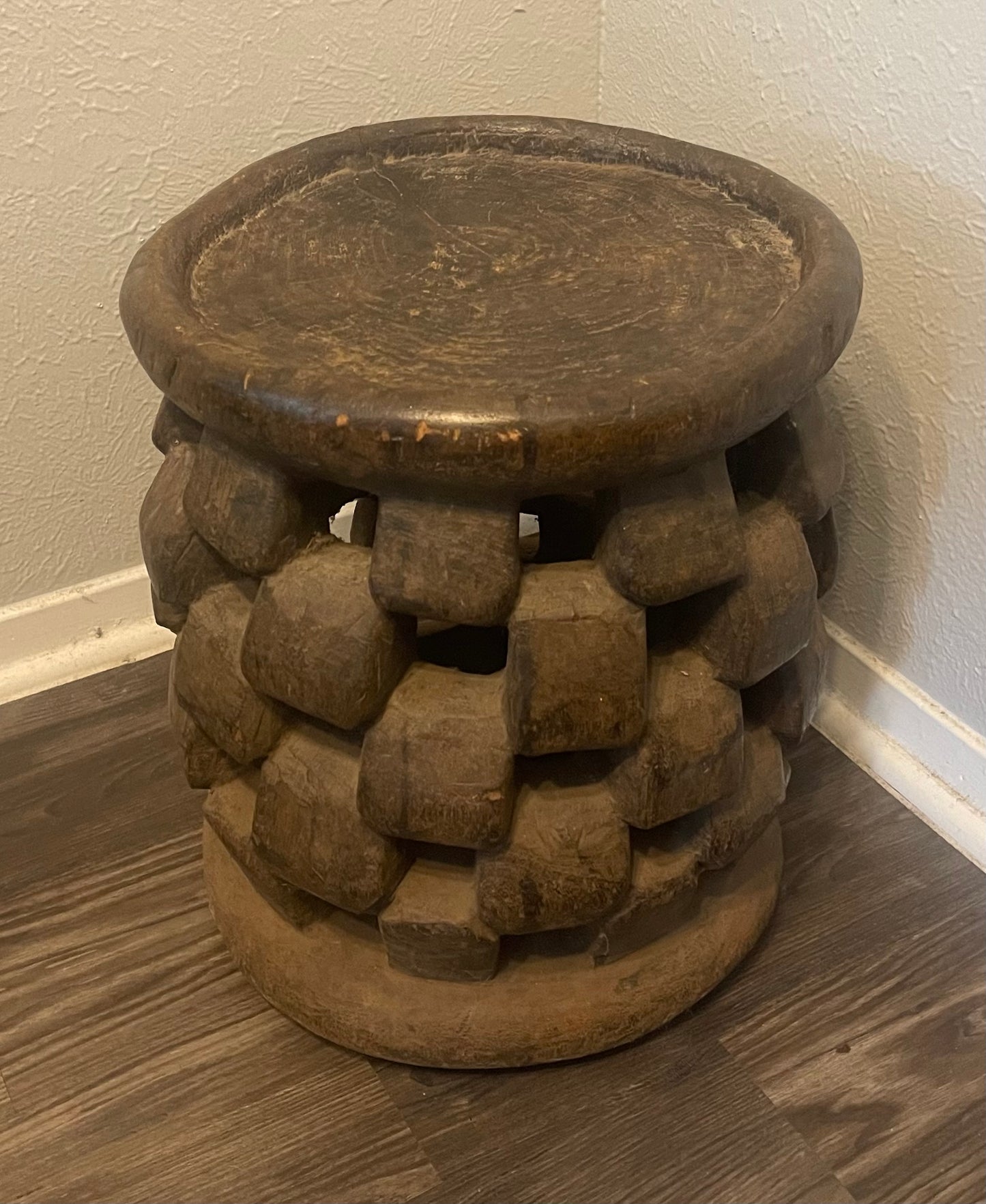 Old Bamileke Wooden Stool, Cameroon, W. Africa with a unique carved Abstract Design
