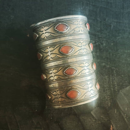 Antique Tekke Turcoman,Central Asian Silver,Gold Wash & Cornelian Repousse Cuff Bracelet