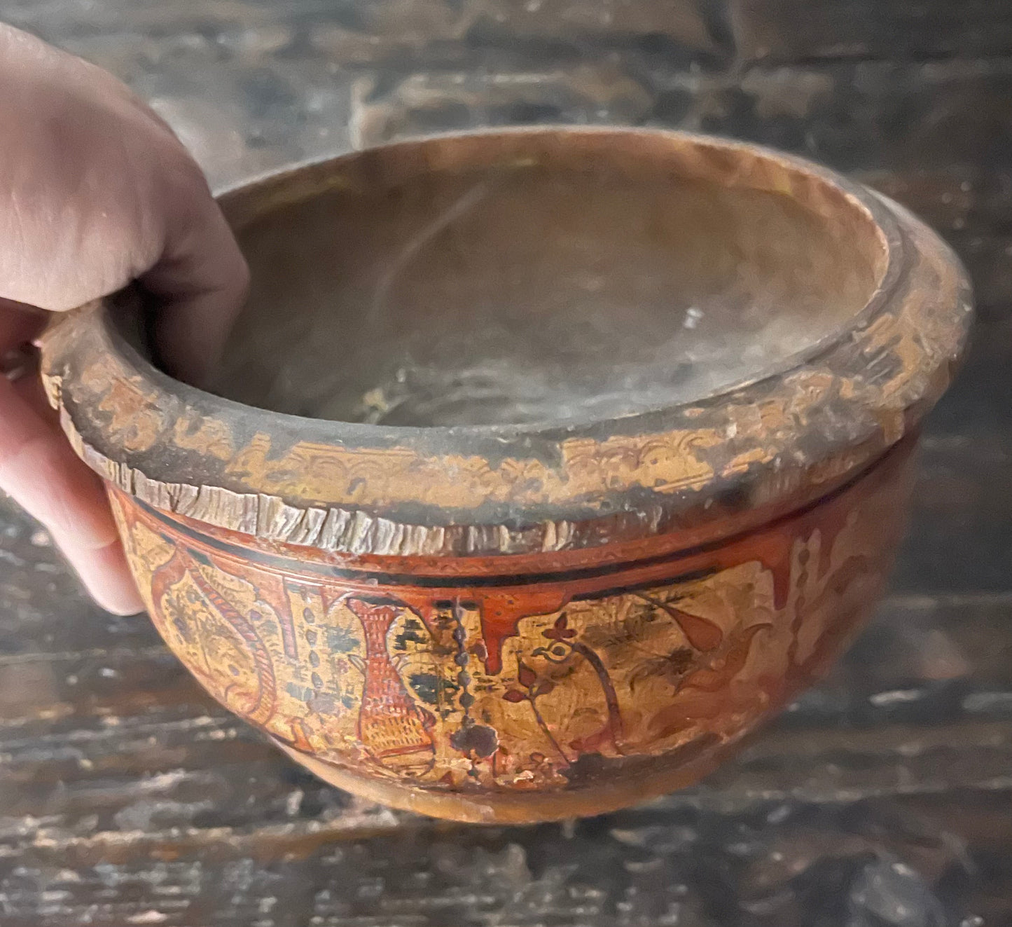 Antique Hand-Carved Solid Wood & Lacquer Spice Bowl