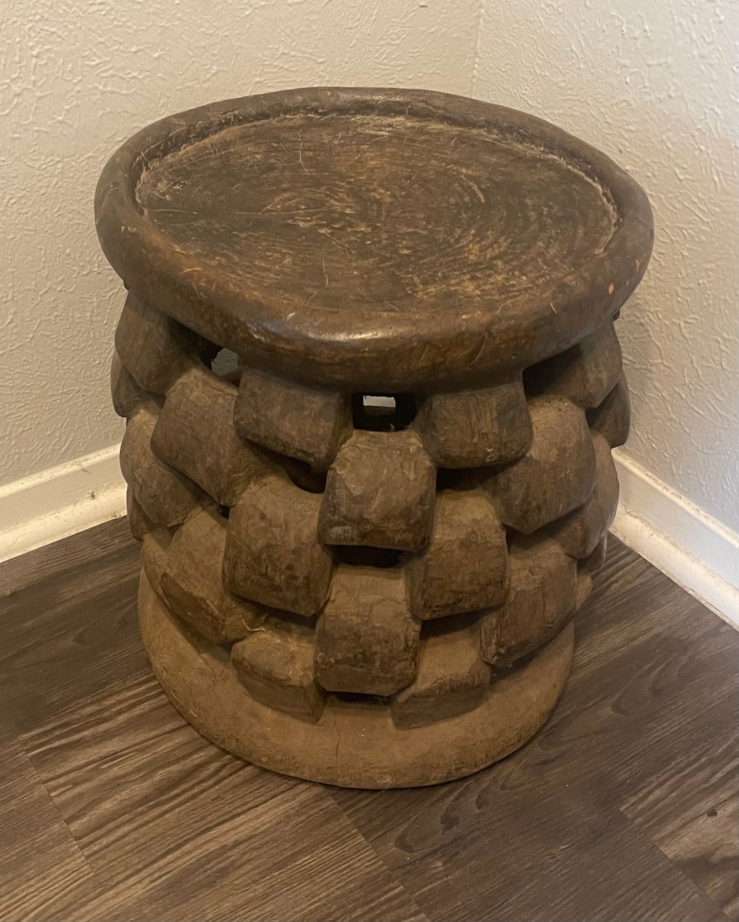 Old Bamileke Wooden Stool, Cameroon, W. Africa with a unique carved Abstract Design