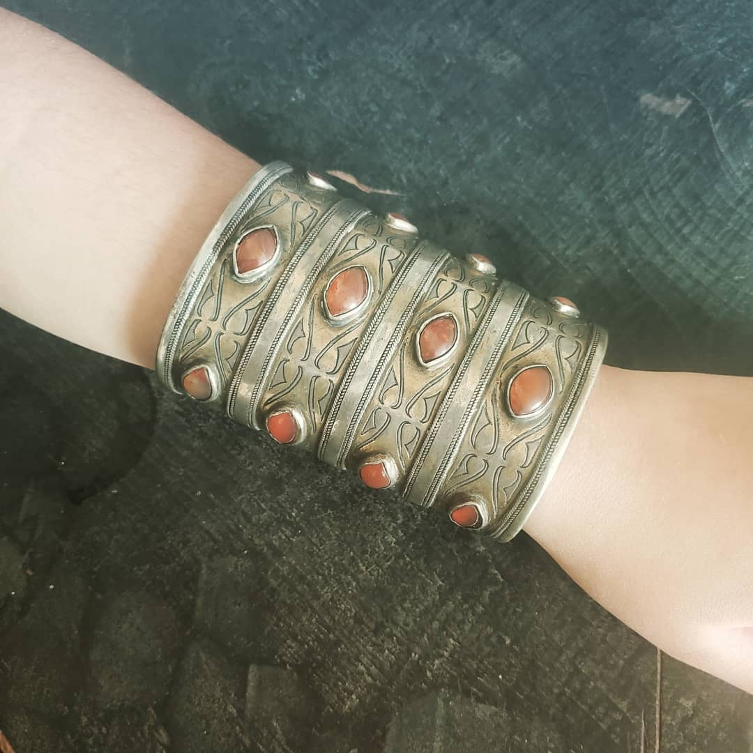Antique Tekke Turcoman,Central Asian Silver,Gold Wash & Cornelian Repousse Cuff Bracelet