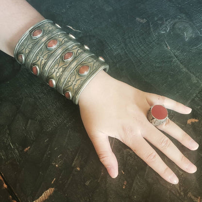 Antique Tekke Turcoman,Central Asian Silver,Gold Wash & Cornelian Repousse Cuff Bracelet