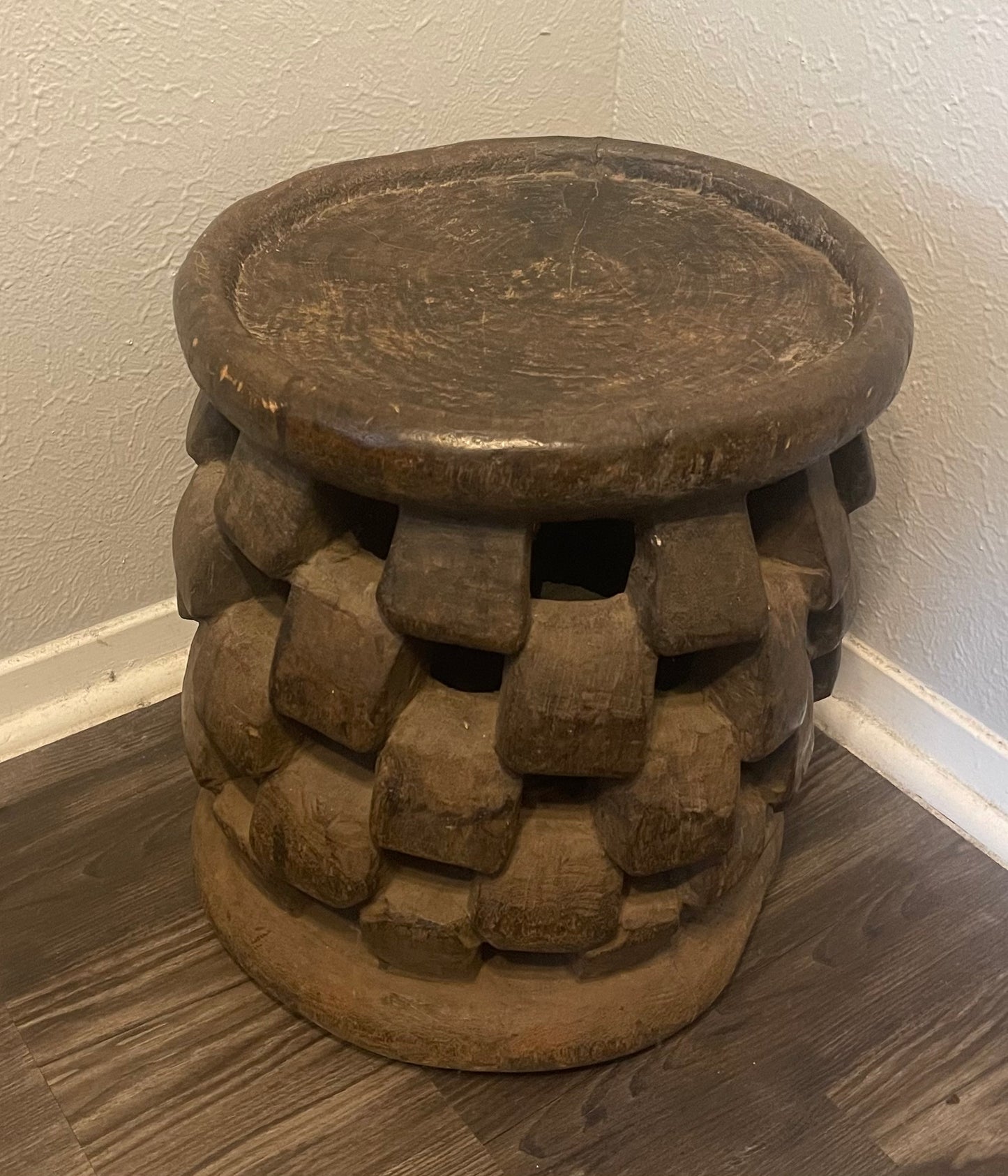 Old Bamileke Wooden Stool, Cameroon, W. Africa with a unique carved Abstract Design