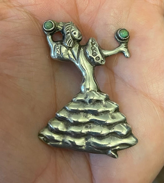 Vintage Sterling Silver & Turquoise Pin/Pendant Flamenco Dancer stamped “Silver Mexico”