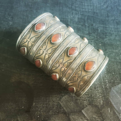 Antique Tekke Turcoman,Central Asian Silver,Gold Wash & Cornelian Repousse Cuff Bracelet