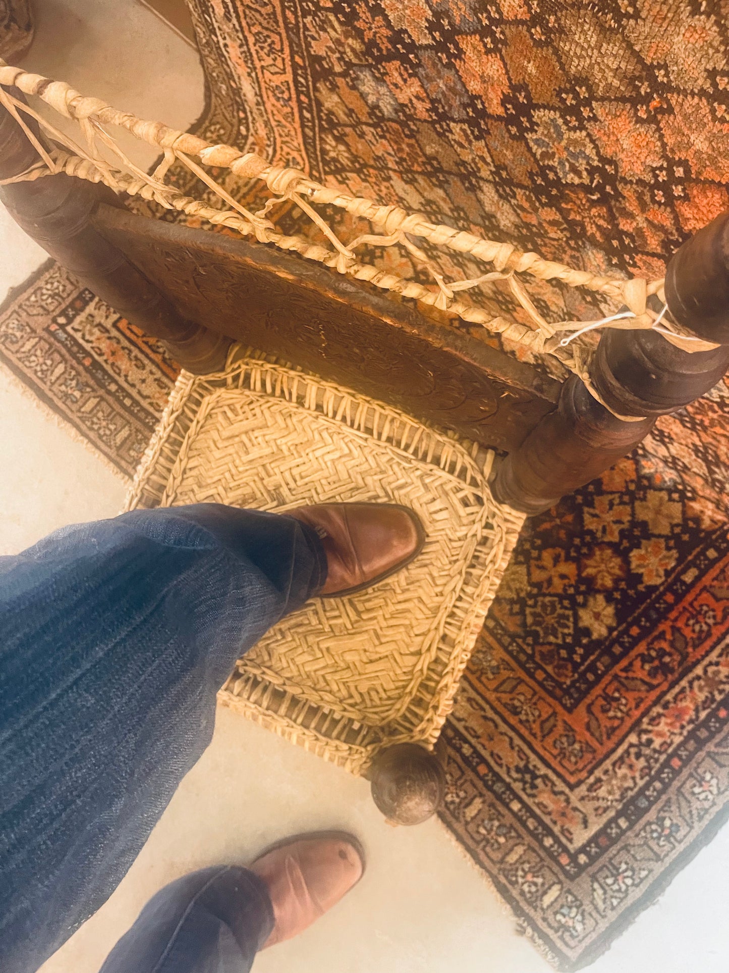 Antique Swat Valley Carved Low-Chair & Woven Leather Seat