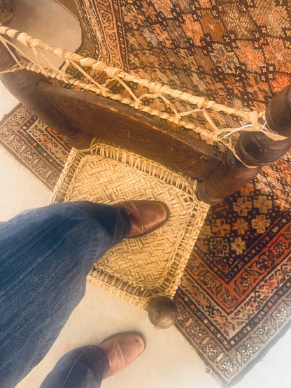 Antique Swat Valley Carved Low-Chair & Woven Leather Seat