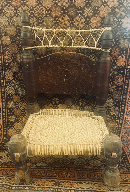 Antique Swat Valley Carved Low-Chair & Woven Leather Seat