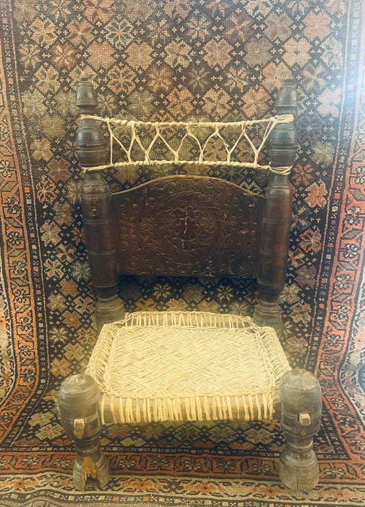 Antique Swat Valley Carved Low-Chair & Woven Leather Seat