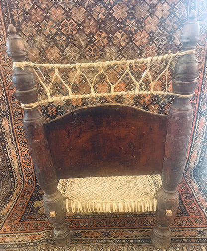 Antique Swat Valley Carved Low-Chair & Woven Leather Seat