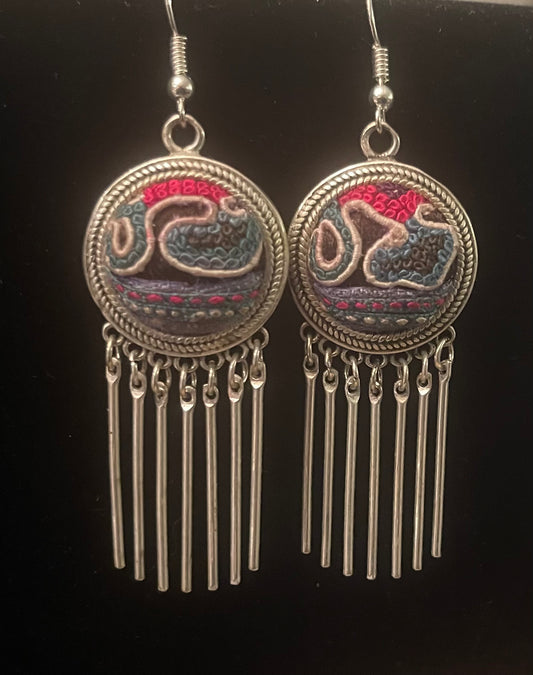 Boho Old Embroidery Round Earrings