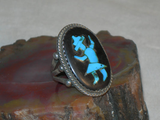 An antique silver,inlaid ring by the incomparable Zuni Master Silversmith,John Leekity/John Gordon Leak