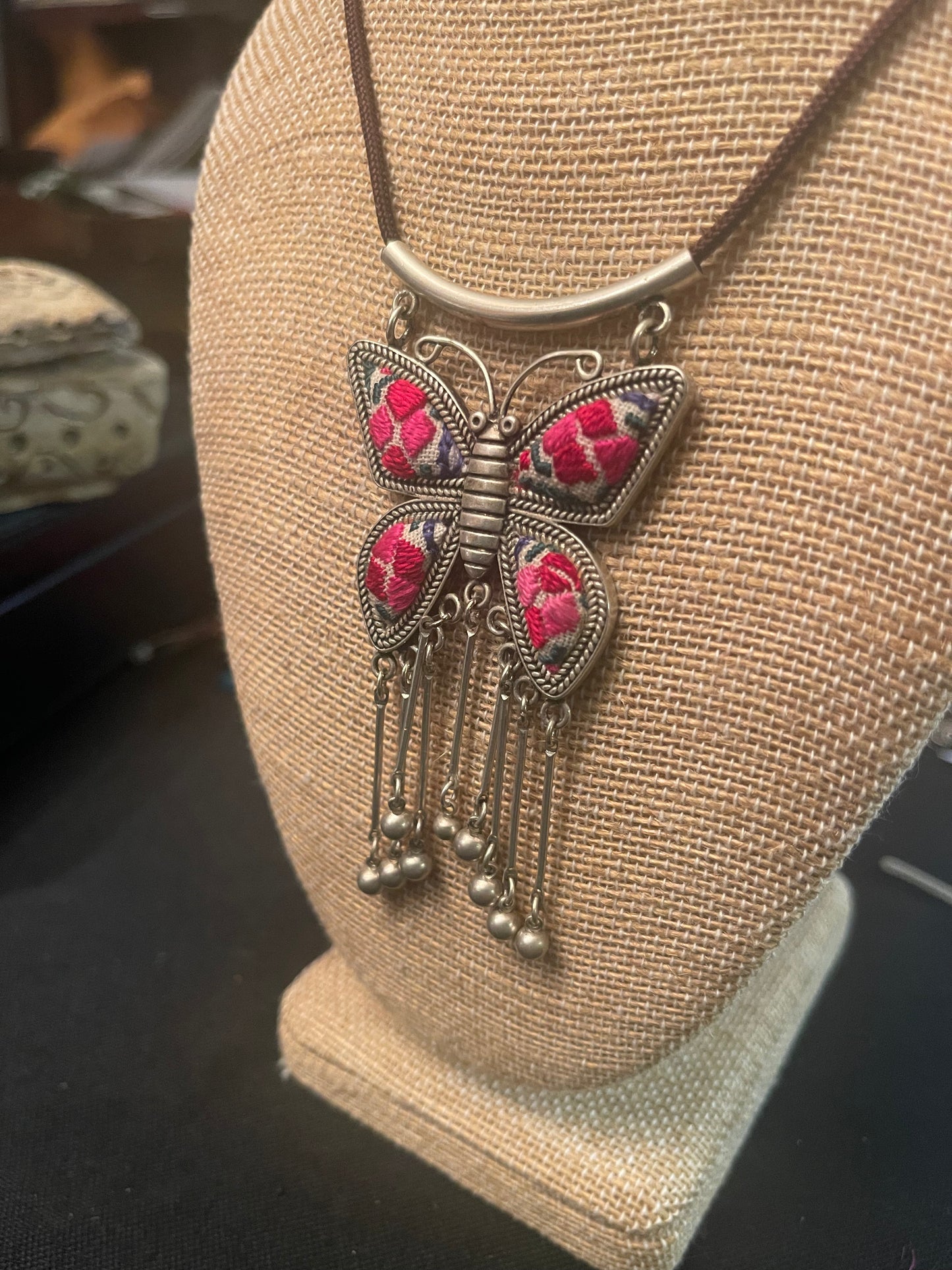 Boho Old Embroidery Butterfly Shaped Necklace