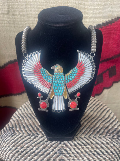 Vintage Sterling silver and inlaid stones in the form of a falcon with hinged and moveable wings