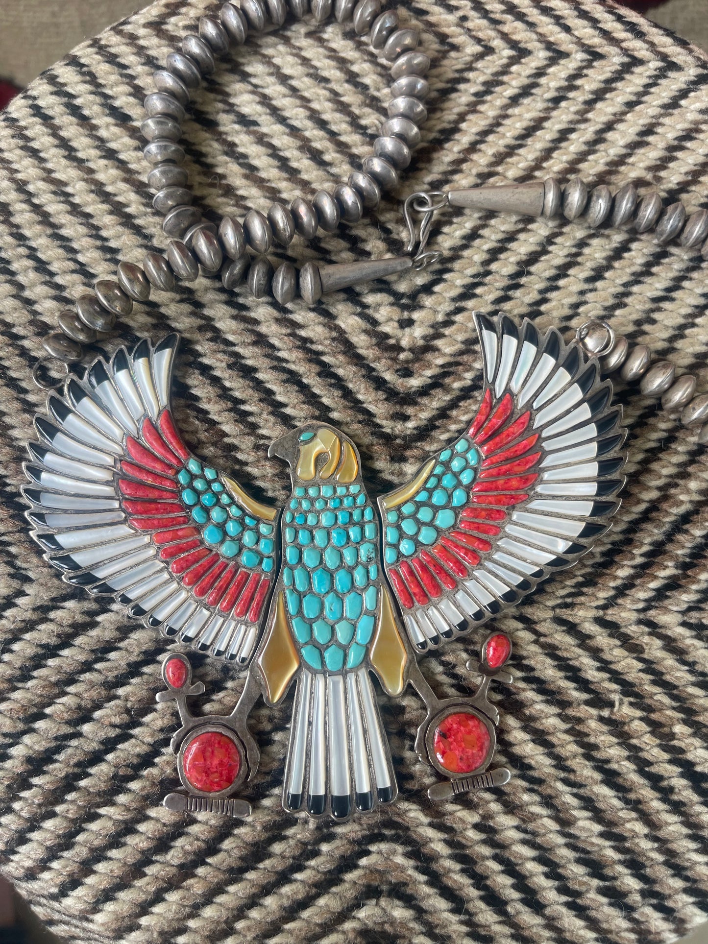 Vintage Sterling silver and inlaid stones in the form of a falcon with hinged and moveable wings