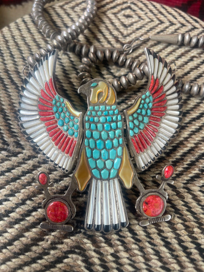 Vintage Sterling silver and inlaid stones in the form of a falcon with hinged and moveable wings