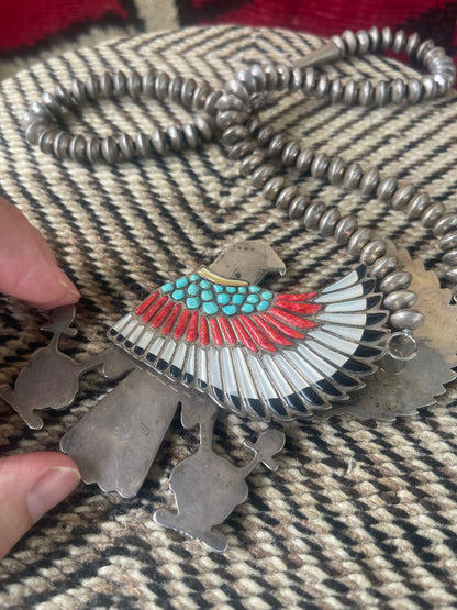 Vintage Sterling silver and inlaid stones in the form of a falcon with hinged and moveable wings