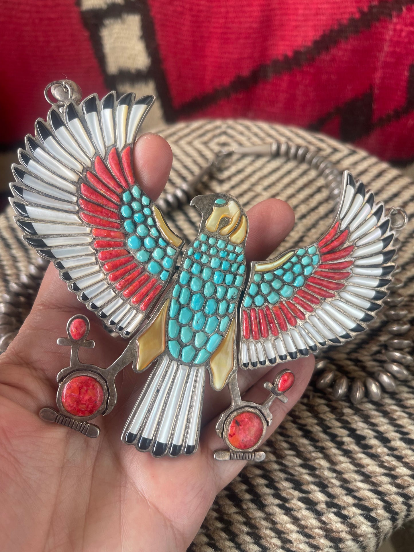 Vintage Sterling silver and inlaid stones in the form of a falcon with hinged and moveable wings