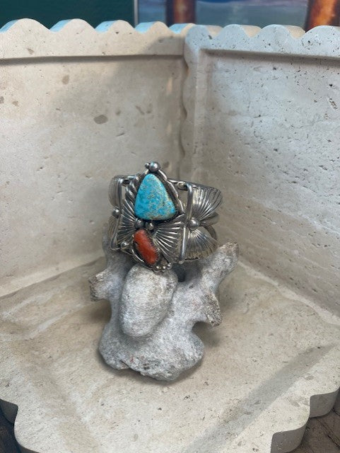 Vintage Navajo Sterling Silver, Turquoise and Coral Cuff