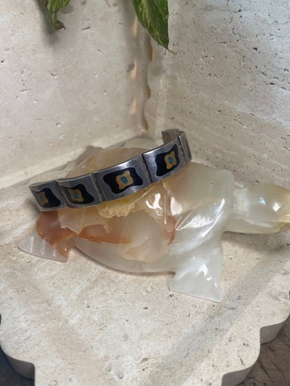 Vintage Mexican Modernist Bracelet (signed), Sterling Silver with brass and baked Enamel Inlay