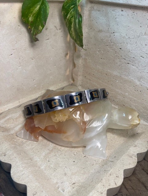 Vintage Mexican Modernist Bracelet (signed), Sterling Silver with brass and baked Enamel Inlay