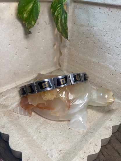 Vintage Mexican Modernist Bracelet (signed), Sterling Silver with brass and baked Enamel Inlay